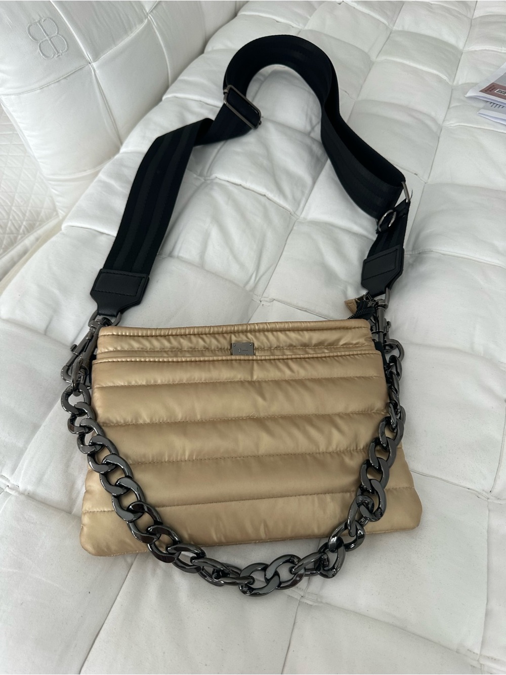 THINK ROYLN Quilted Beige Shoulder Bag with Gunmetal Chain